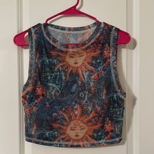 Sun and Moon Patterned Mesh Crop Top